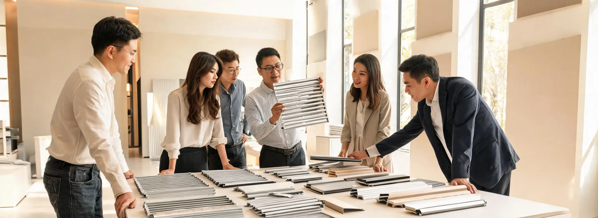 Construction Specialties team reviewing façade louvers and wall samples