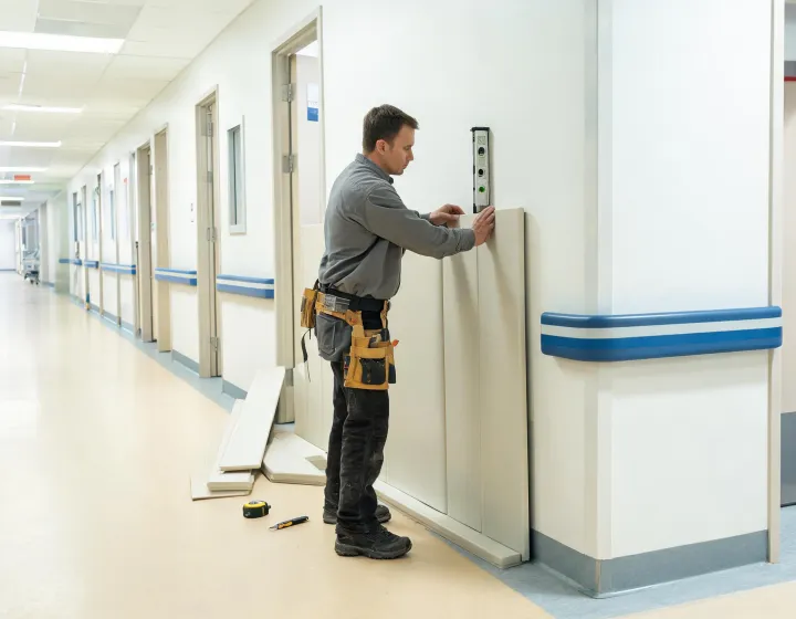 Acrovyn wall protection installation on hospital wall